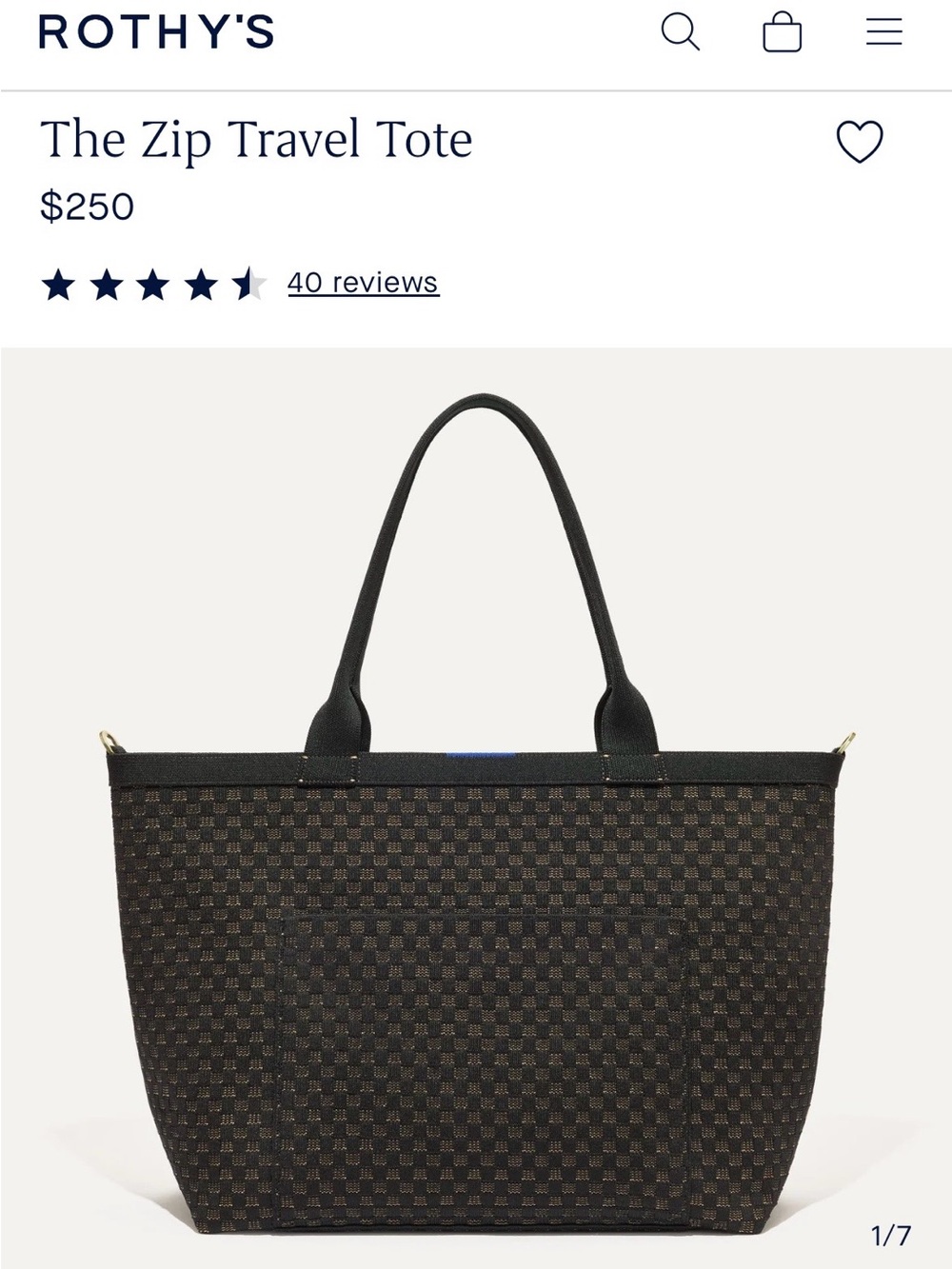Rothy's Zip Travel Tote — Black Pattern with Gold Hardware
